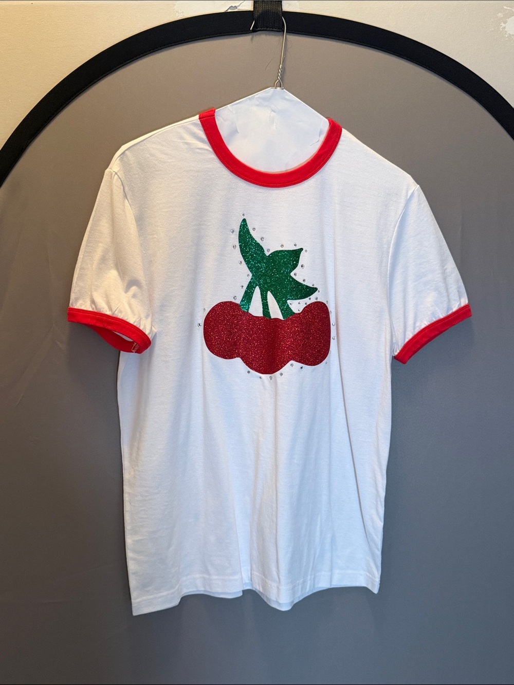 Harry Styles replica White Ringer T-Shirt with Red Cherry Graphic